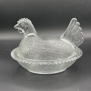 Indiana Glass Hen On Nest Vintage Clear Textured Covered Chicken Dish 7" Long